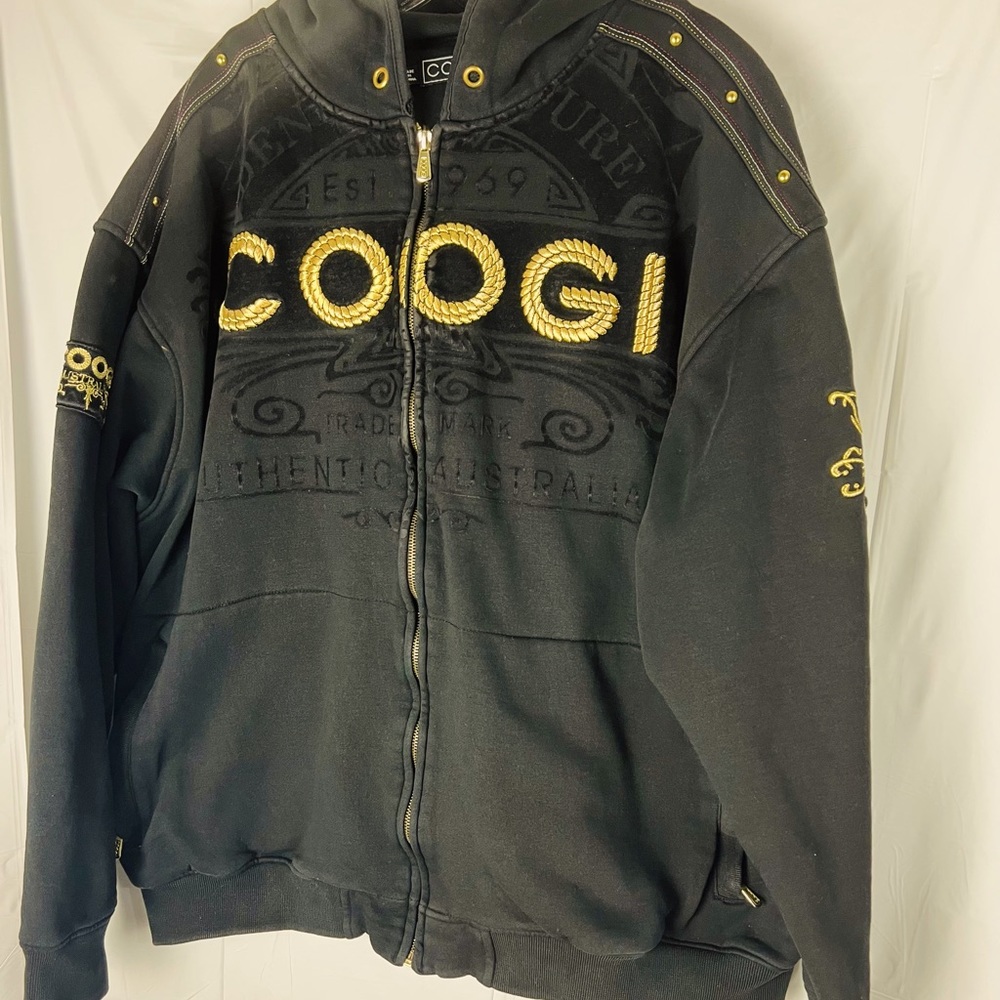 Vintage Coogi  Mens Size XXL Australia Zip Hoodie Black Gold Embroidery Letters